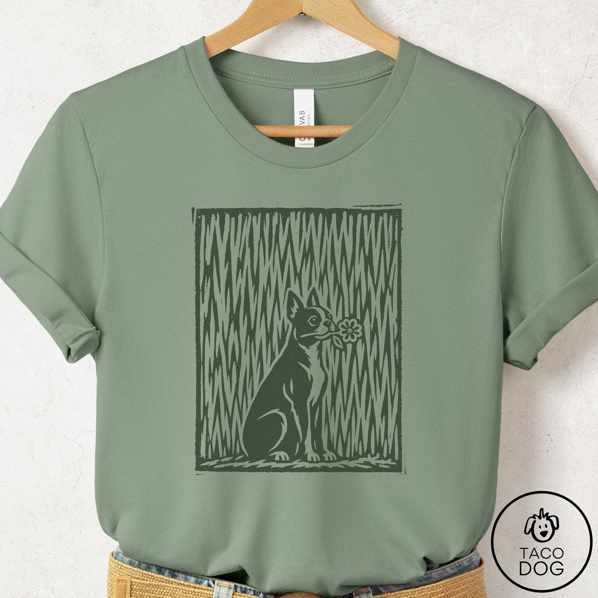 Boston Terrier Brings the Flower T-Shirt Sage Taco-Dog