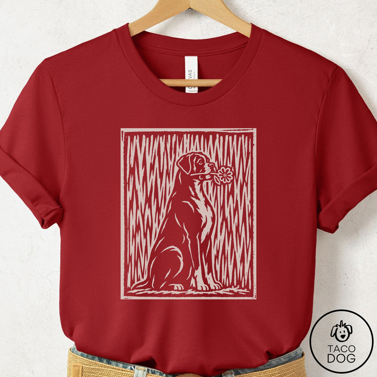 Boxer Brings the Flower T-Shirt Canvas Red Taco-Dog