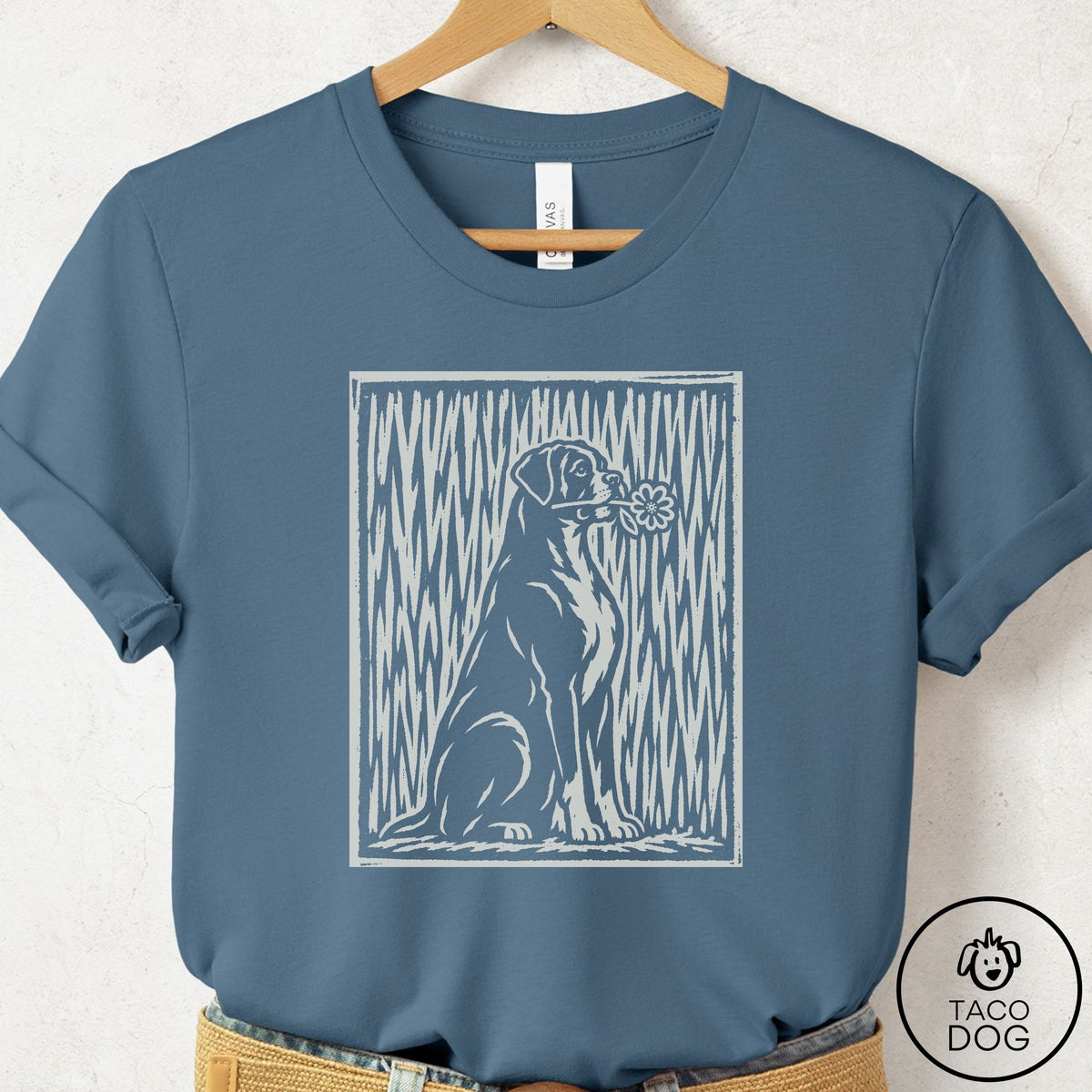 Boxer Brings the Flower T-Shirt Steel Blue Taco-Dog