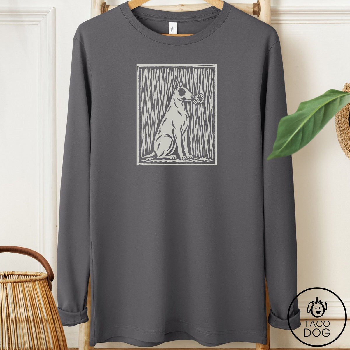 Bull Terrier Brings the Flower Long Sleeve Tee Asphalt Taco-Dog