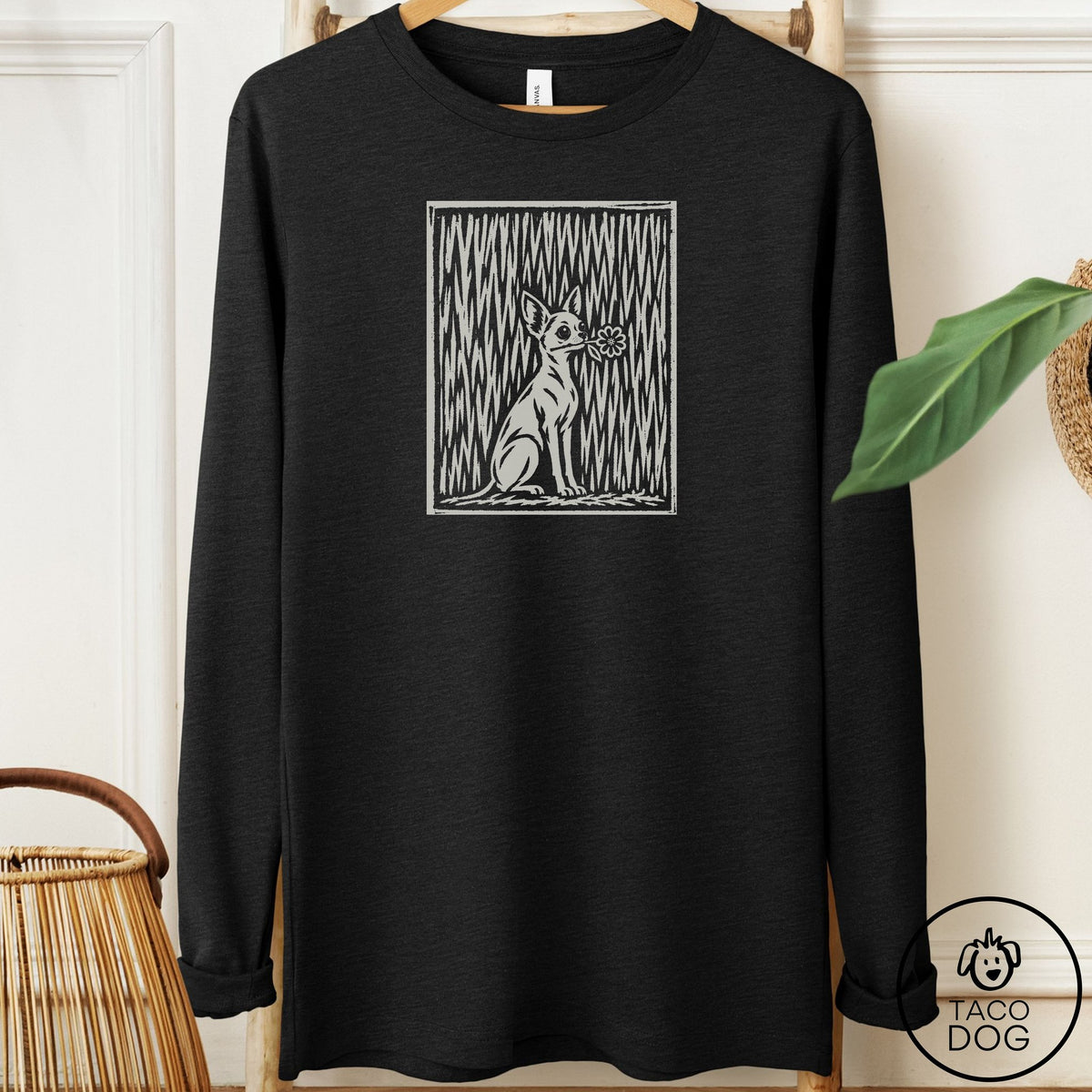 Chihuahua Brings the Flower Long Sleeve Tee Black Heather Taco-Dog