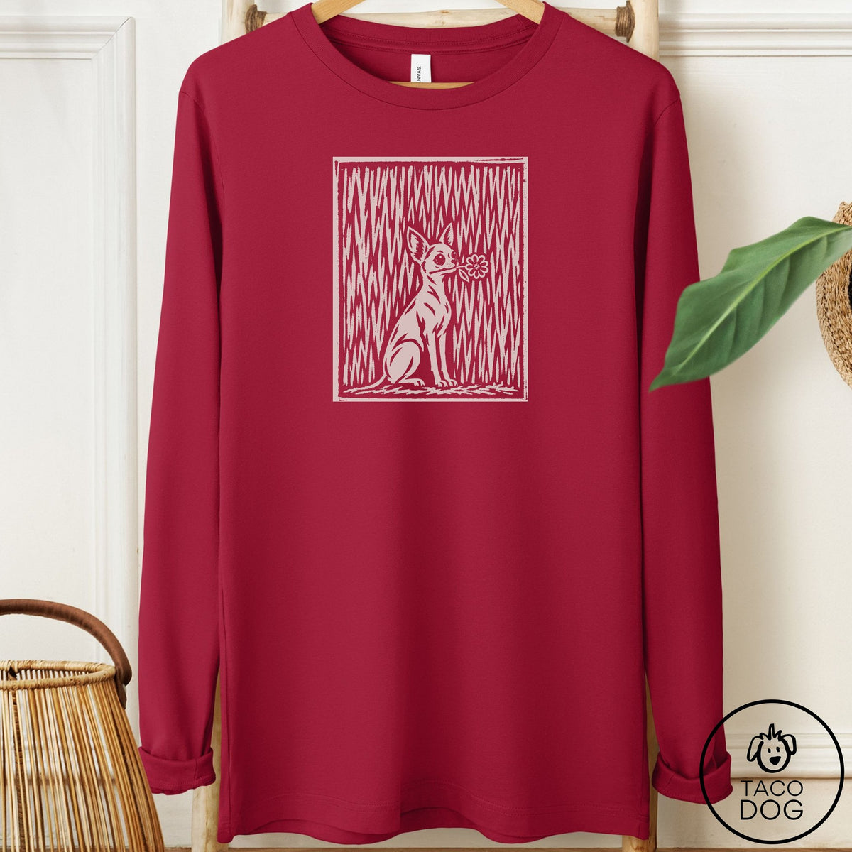 Chihuahua Brings the Flower Long Sleeve Tee Cardinal Taco-Dog