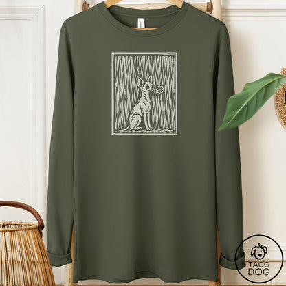 Chihuahua Brings the Flower Long Sleeve Tee Military Green Taco-Dog