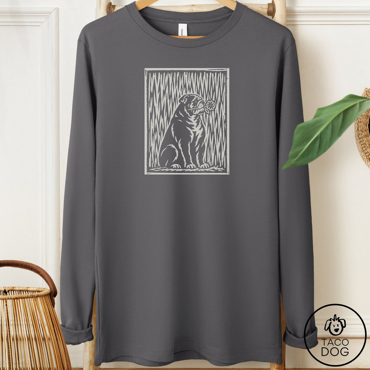 English Bulldog Brings the Flower Long Sleeve Tee Asphalt Taco-Dog
