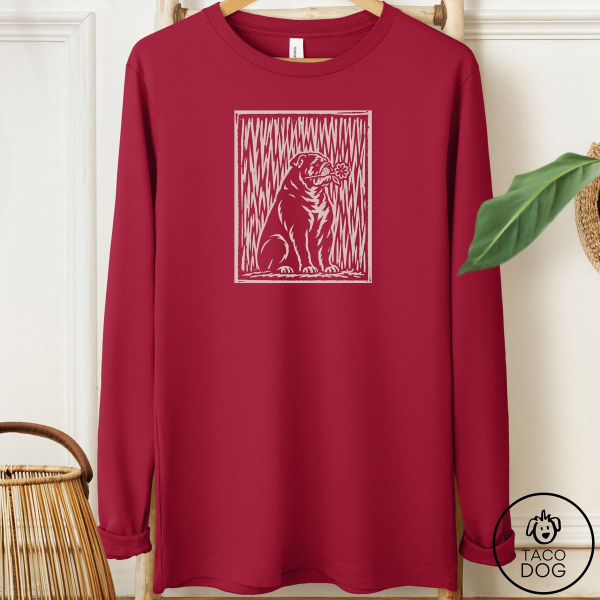 English Bulldog Brings the Flower Long Sleeve Tee Cardinal Taco-Dog