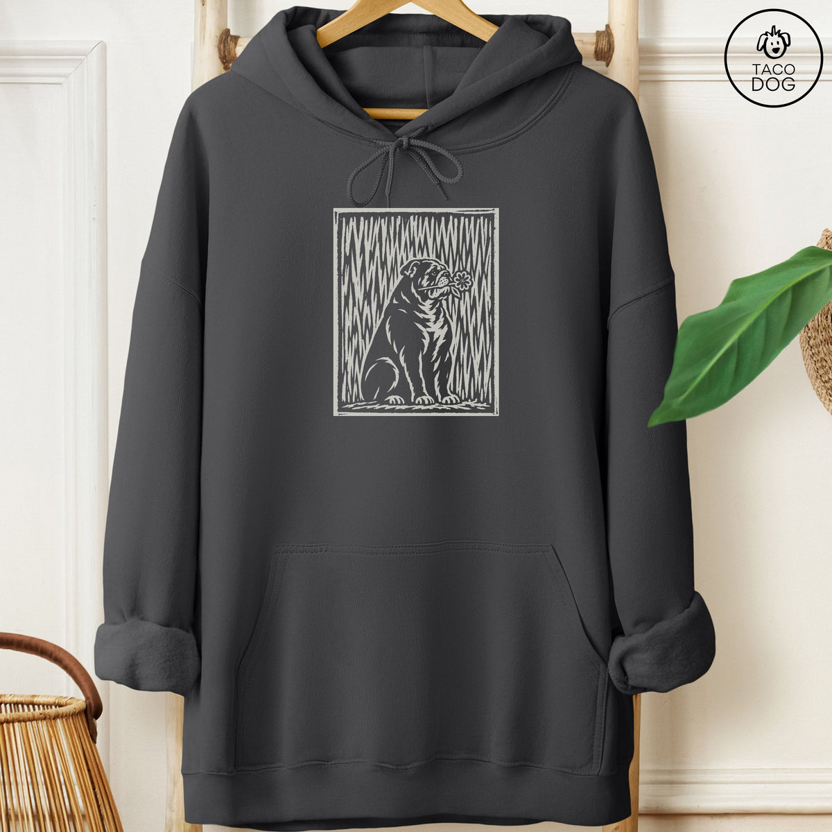 English Bulldog Brings the Flower Hoodie Charcoal Taco-Dog