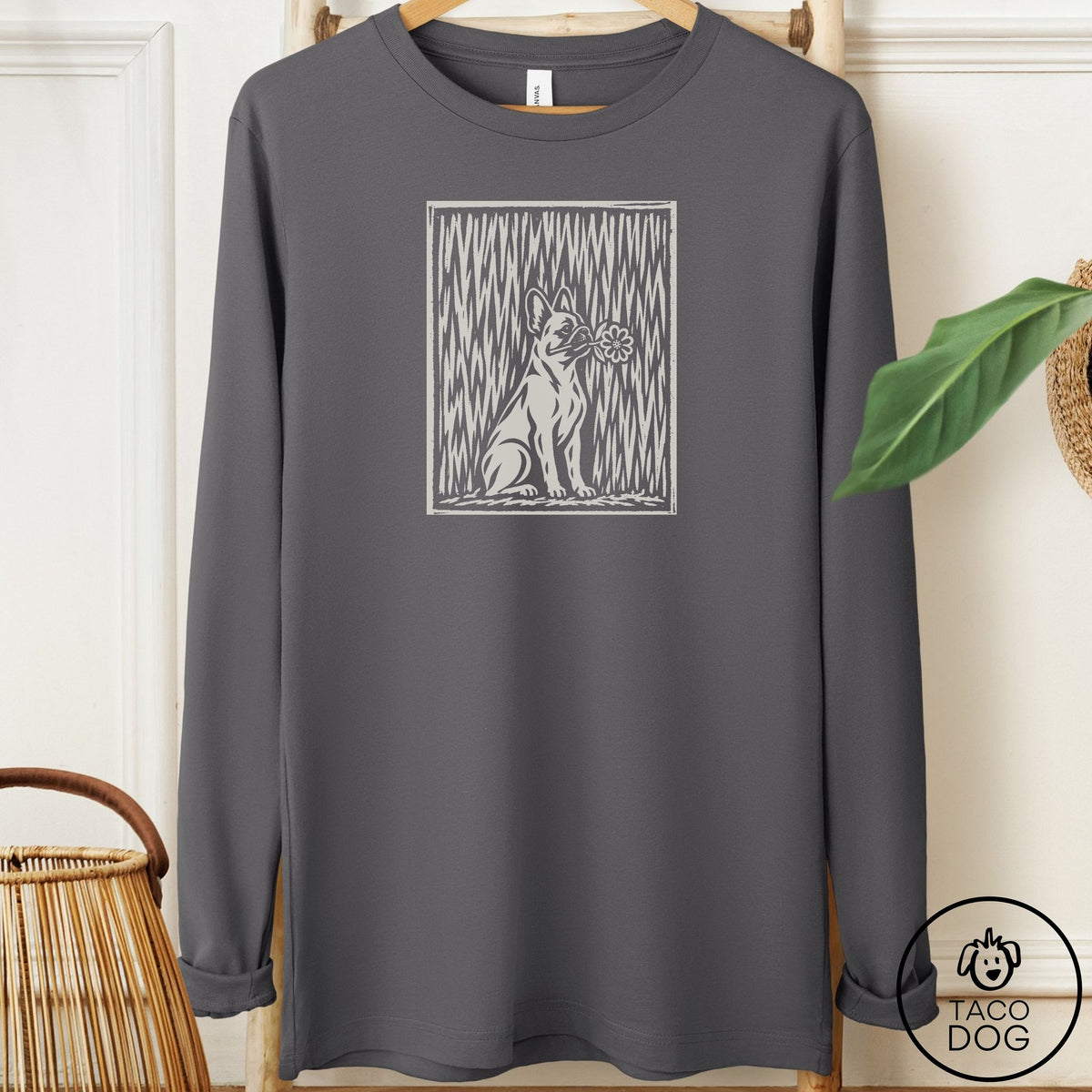 French Bulldog Frenchie Brings the Flower Long Sleeve Tee Asphalt Taco-Dog