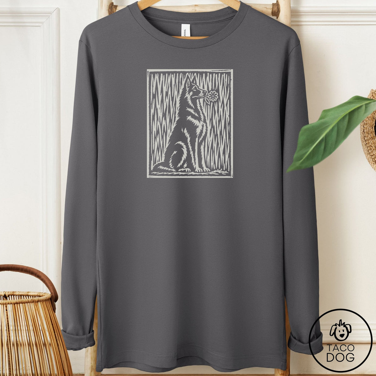 German Shepherd Brings the Flower Long Sleeve Tee Asphalt Taco-Dog