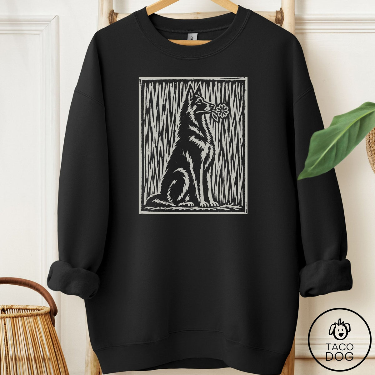 German Shepherd Brings the Flower Sweatshirt Black Taco-Dog
