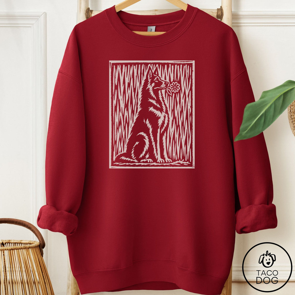 German Shepherd Brings the Flower Sweatshirt Garnet Taco-Dog
