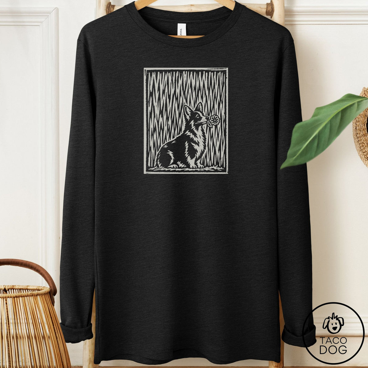 Corgi Brings the Flower Long Sleeve Tee Black Heather Taco-Dog