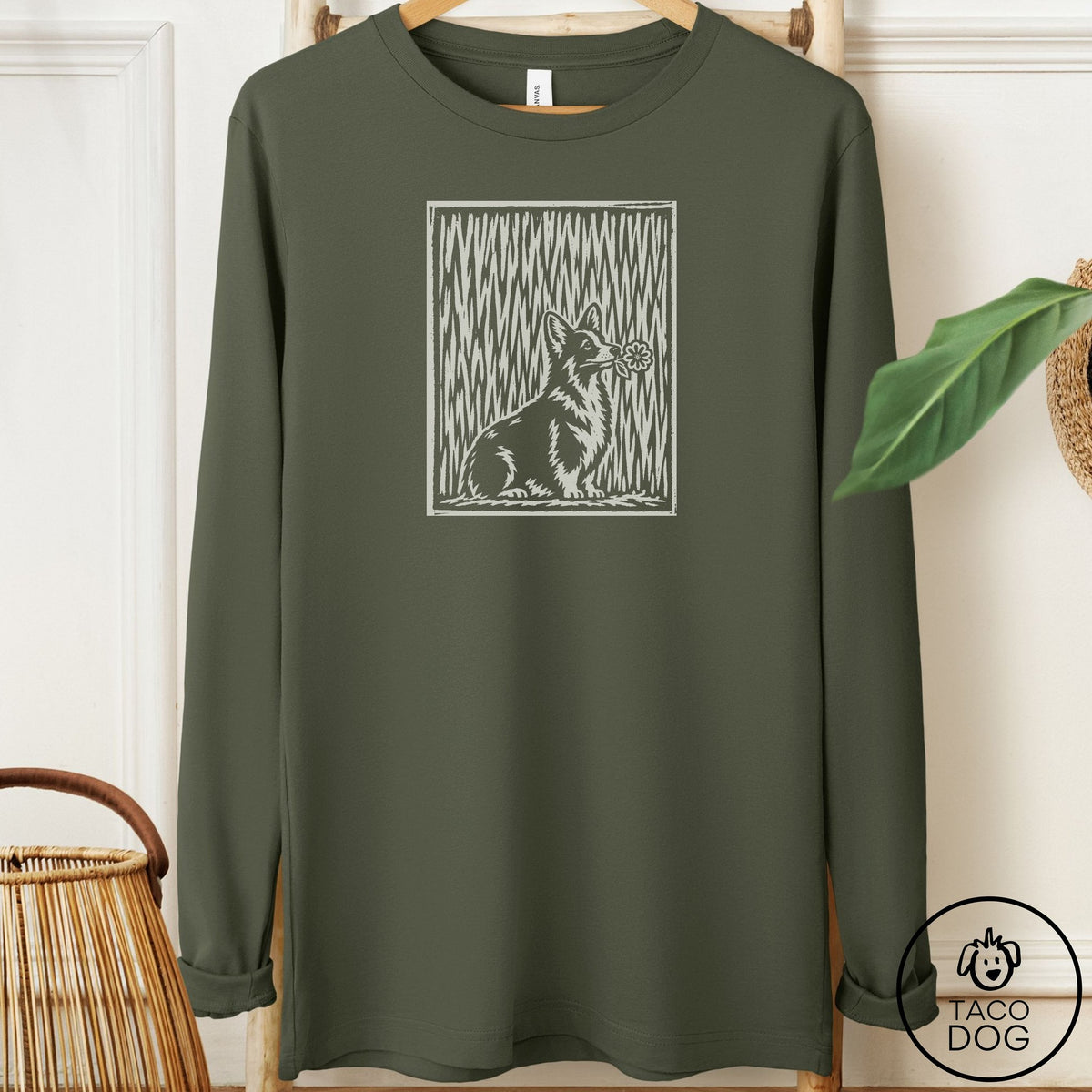 Corgi Brings the Flower Long Sleeve Tee Military Green Taco-Dog