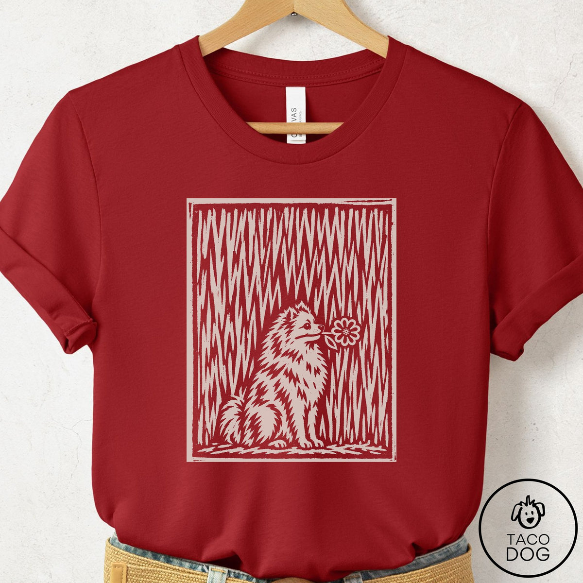 Pomeranian Brings the Flower T-Shirt Canvas Red Taco-Dog