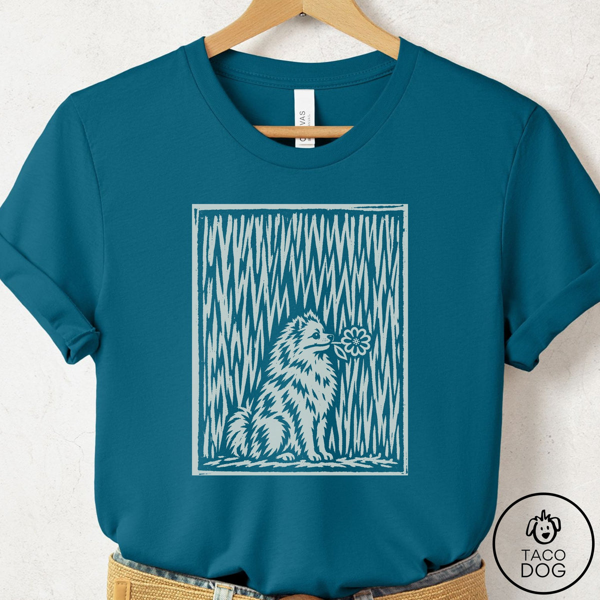 Pomeranian Brings the Flower T-Shirt Deep Teal Taco-Dog