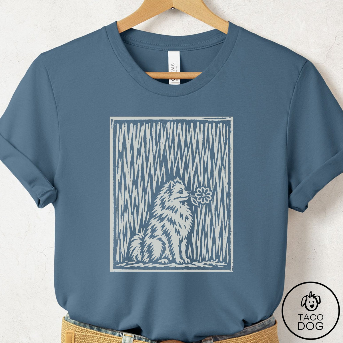 Pomeranian Brings the Flower T-Shirt Steel Blue Taco-Dog