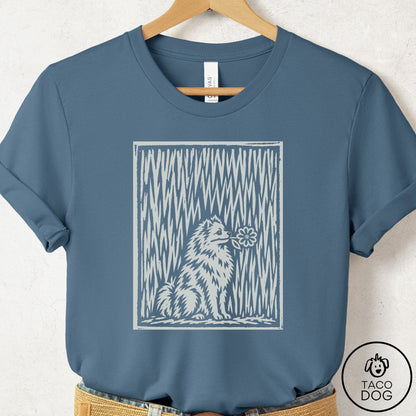Pomeranian Brings the Flower T-Shirt Steel Blue Taco-Dog