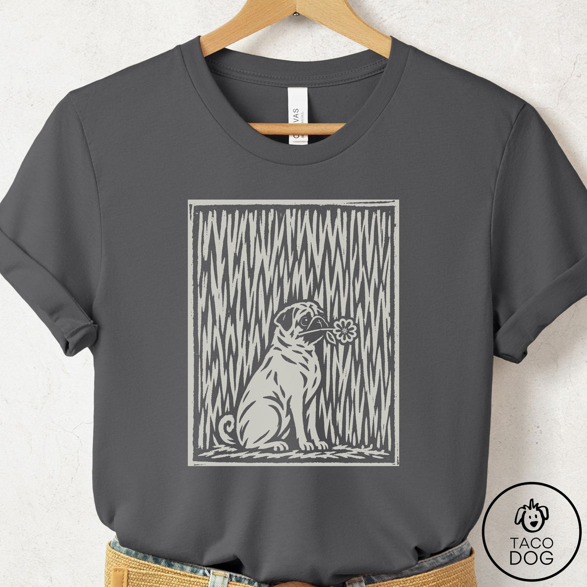 Pug Brings the Flower T-Shirt Asphalt Taco-Dog