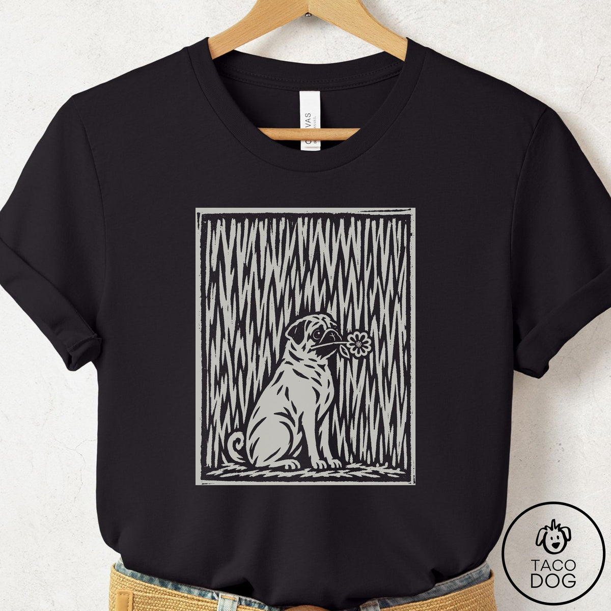 Pug Brings the Flower T-Shirt Black Taco-Dog