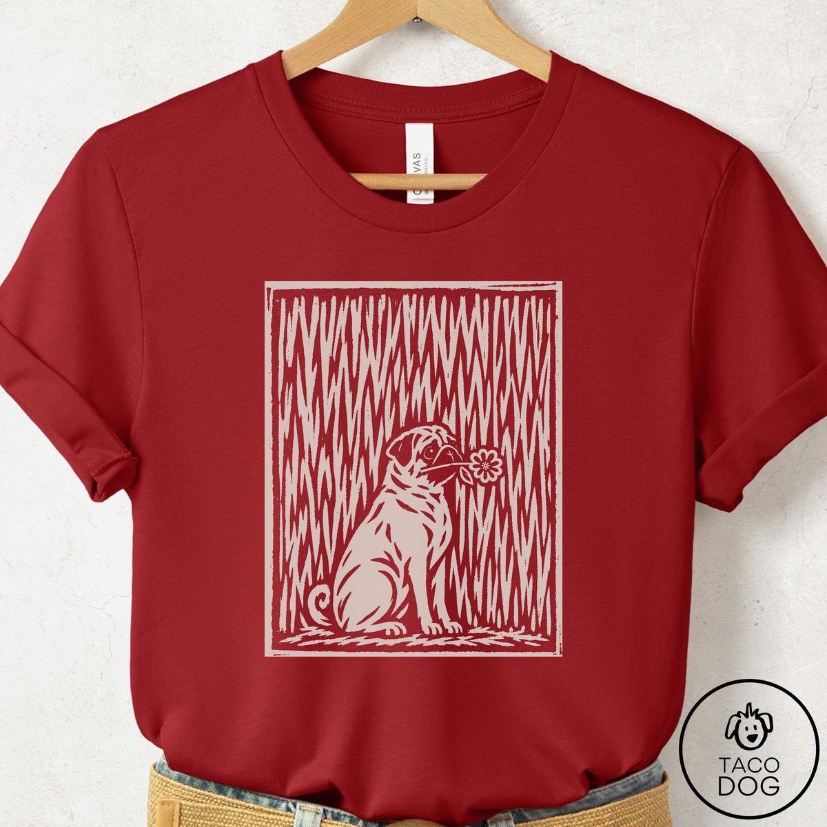 Pug Brings the Flower T-Shirt Canvas Red Taco-Dog