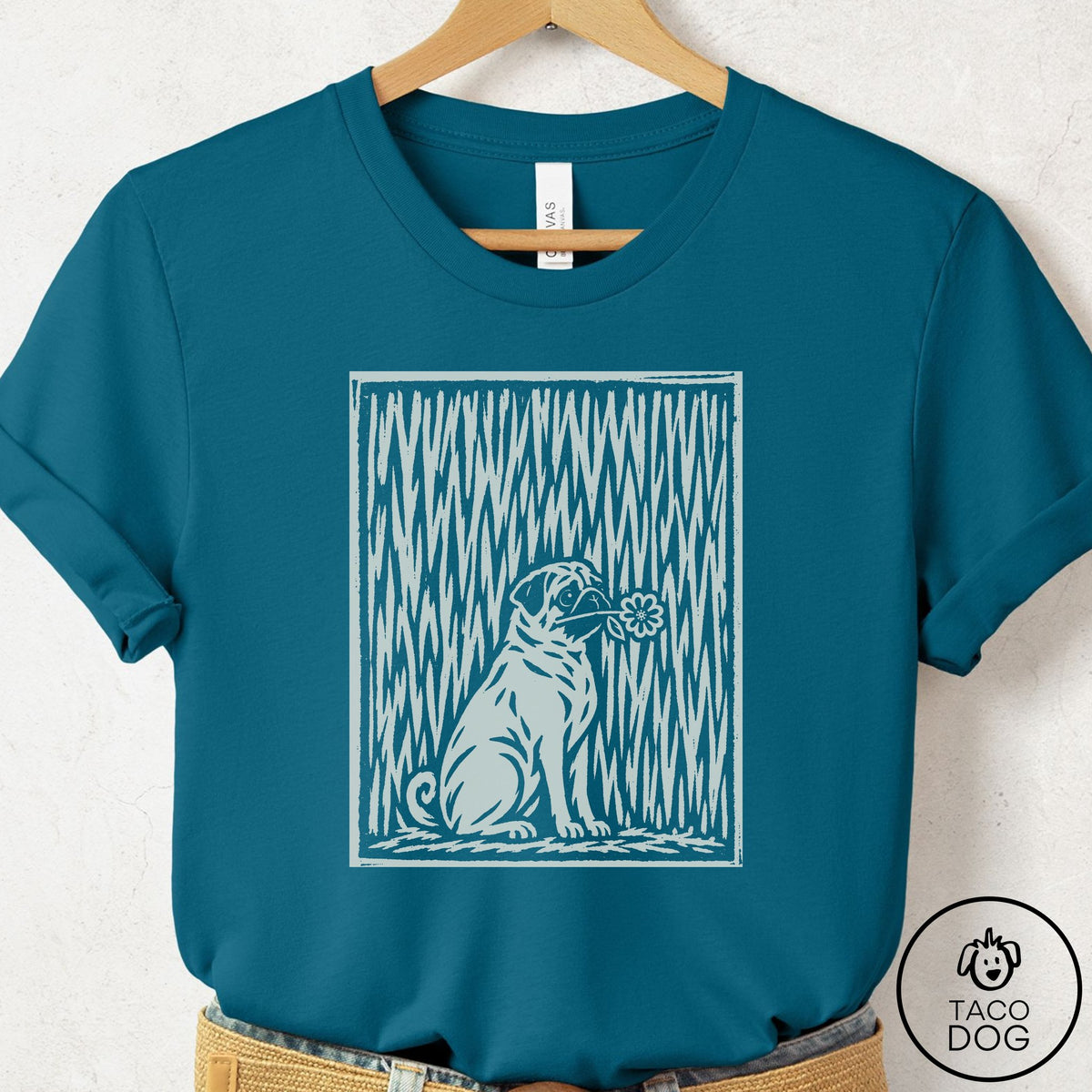 Pug Brings the Flower T-Shirt Deep Teal Taco-Dog