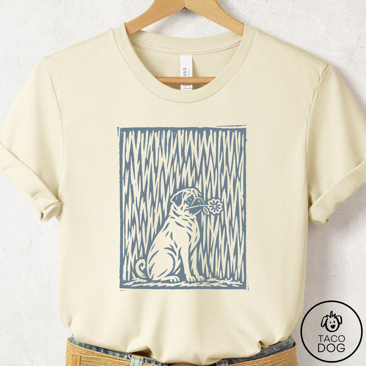 Pug Brings the Flower T-Shirt Natural Taco-Dog