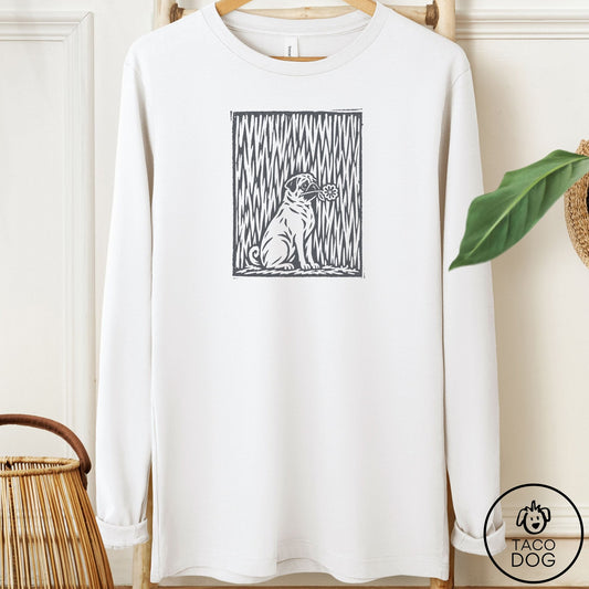Pug Brings the Flower Long Sleeve Tee White Taco-Dog