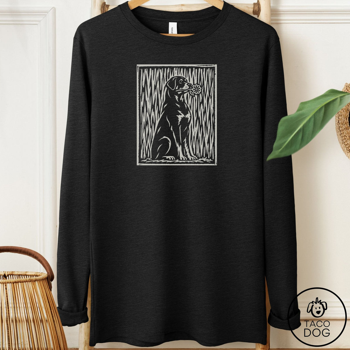 Rottweiler Brings the Flower Long Sleeve Tee Black Heather Taco-Dog