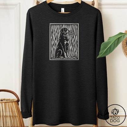 Rottweiler Brings the Flower Long Sleeve Tee Black Heather Taco-Dog