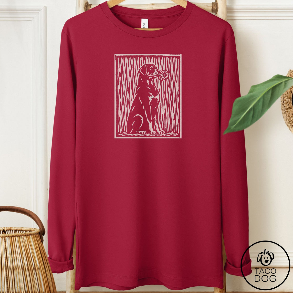 Rottweiler Brings the Flower Long Sleeve Tee Cardinal Taco-Dog