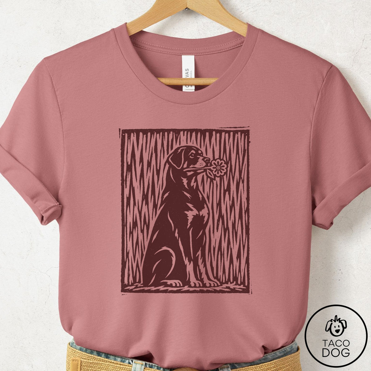 Rottweiler Brings the Flower T-Shirt Mauve Taco-Dog