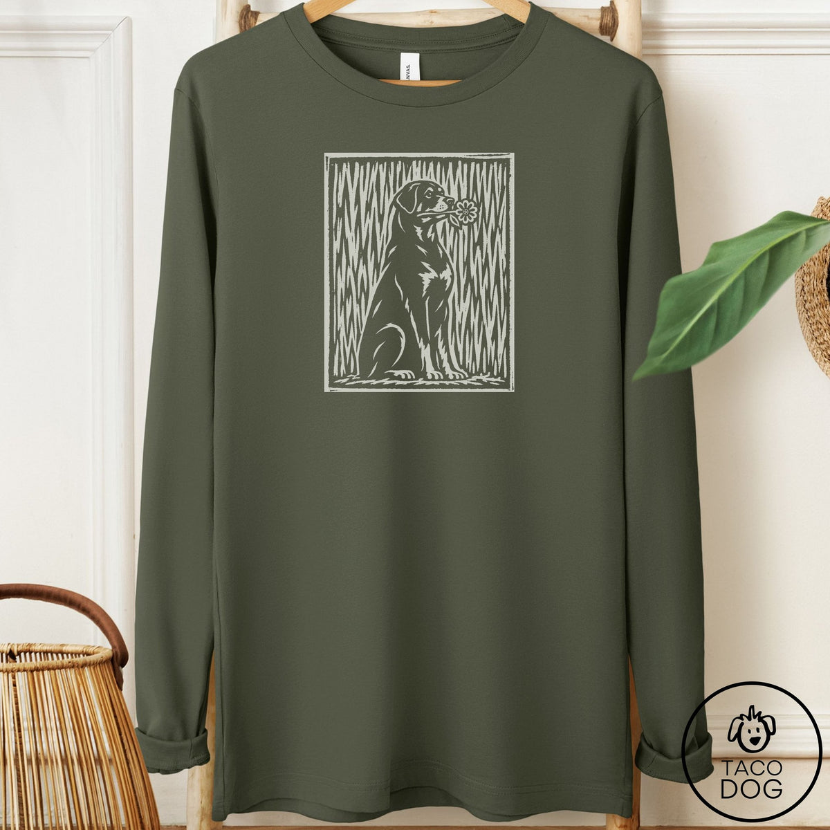 Rottweiler Brings the Flower Long Sleeve Tee Military Green Taco-Dog