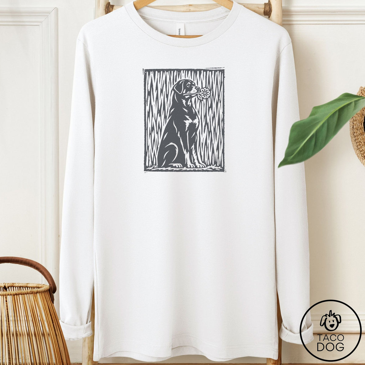 Rottweiler Brings the Flower Long Sleeve Tee White Taco-Dog