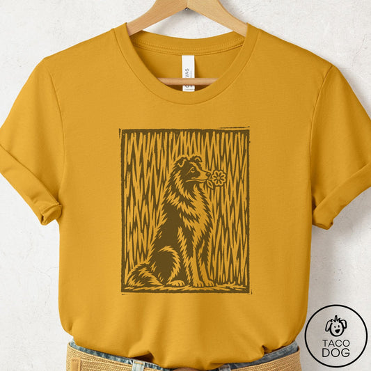 Shetland Sheepdog Brings the Flower T-Shirt Mustard Taco-Dog