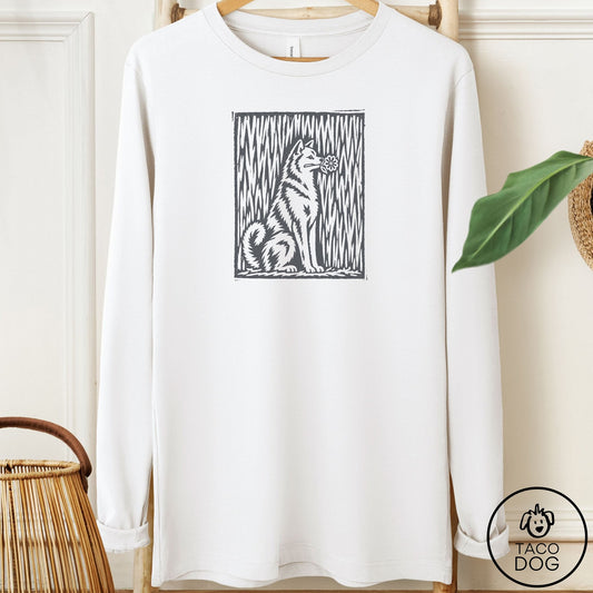 Shiba Inu Brings the Flower Long Sleeve Tee White Taco-Dog