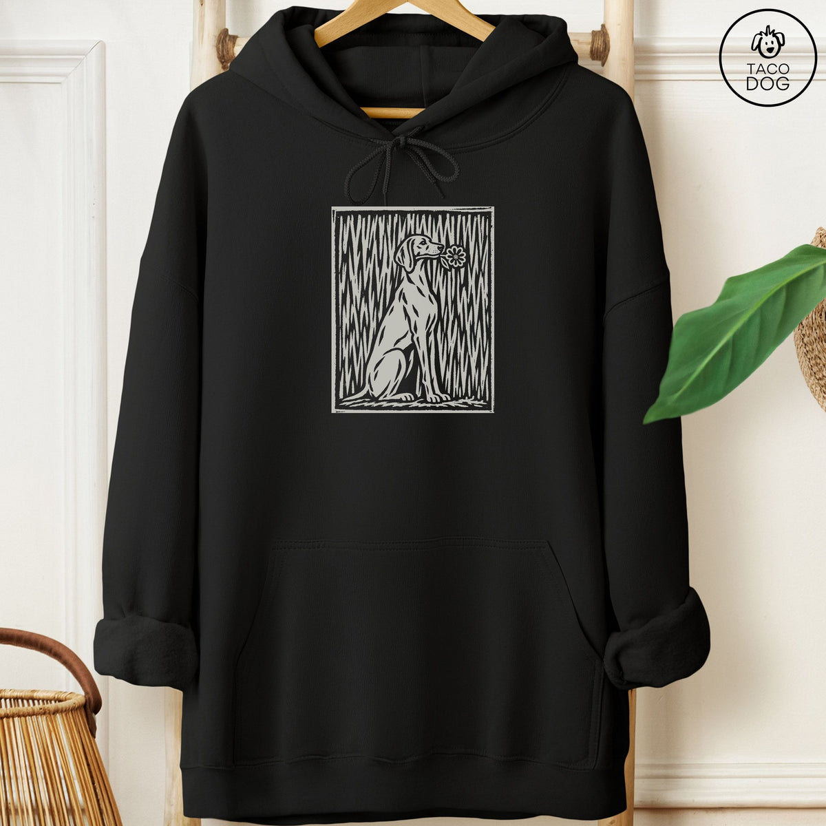 Vizsla Brings the Flower Hoodie Black Taco-Dog