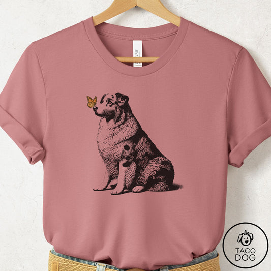 Australian Shepherd Butterfly T-Shirt Mauve Taco-Dog