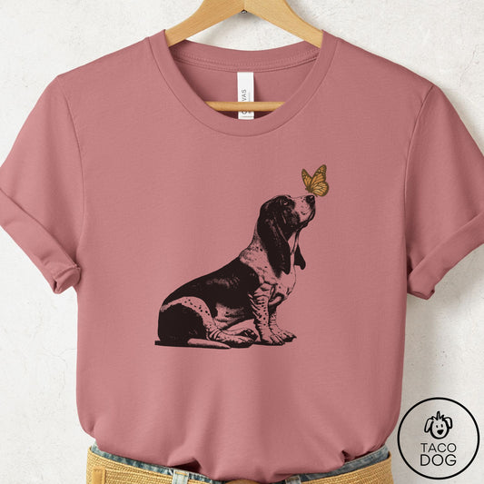 Basset Hound Butterfly T-Shirt Mauve Taco-Dog