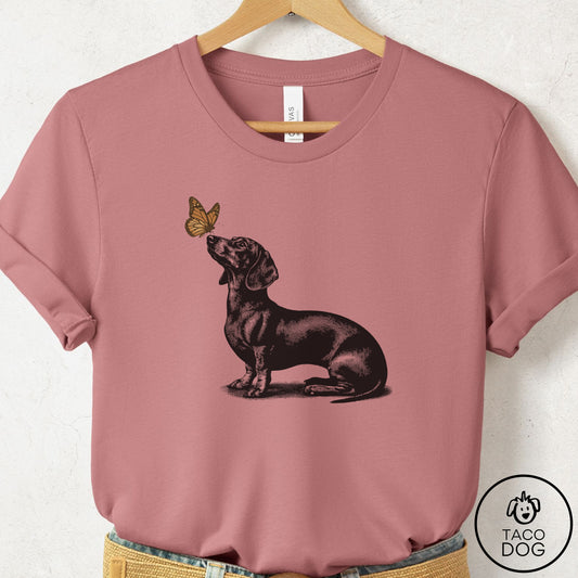 Dachshund Butterfly T-Shirt Mauve Taco-Dog