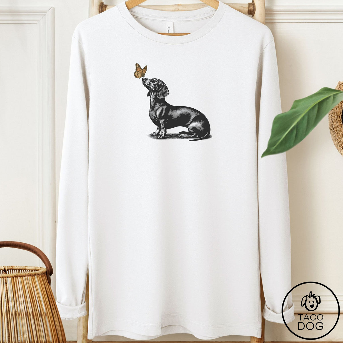 Dachshund Butterfly Long Sleeve Tee White Taco-Dog