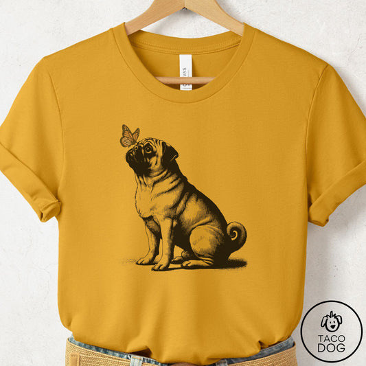Pug Butterfly T-Shirt Mustard Taco-Dog