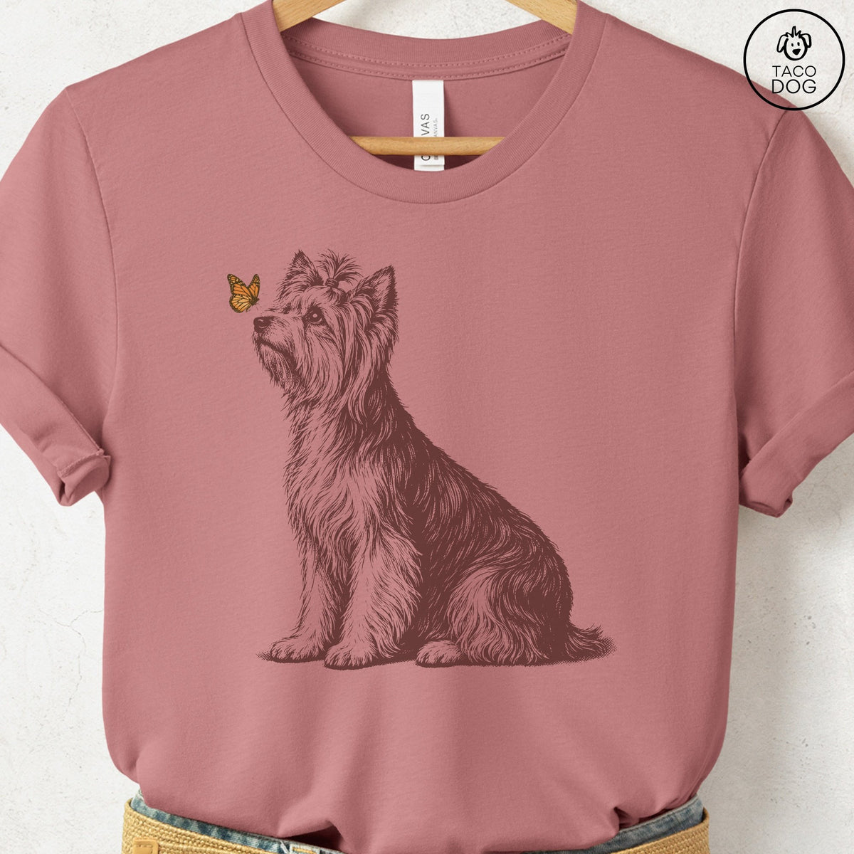 Yorkshire Terrier Yorkie Butterfly T-Shirt, design close-up