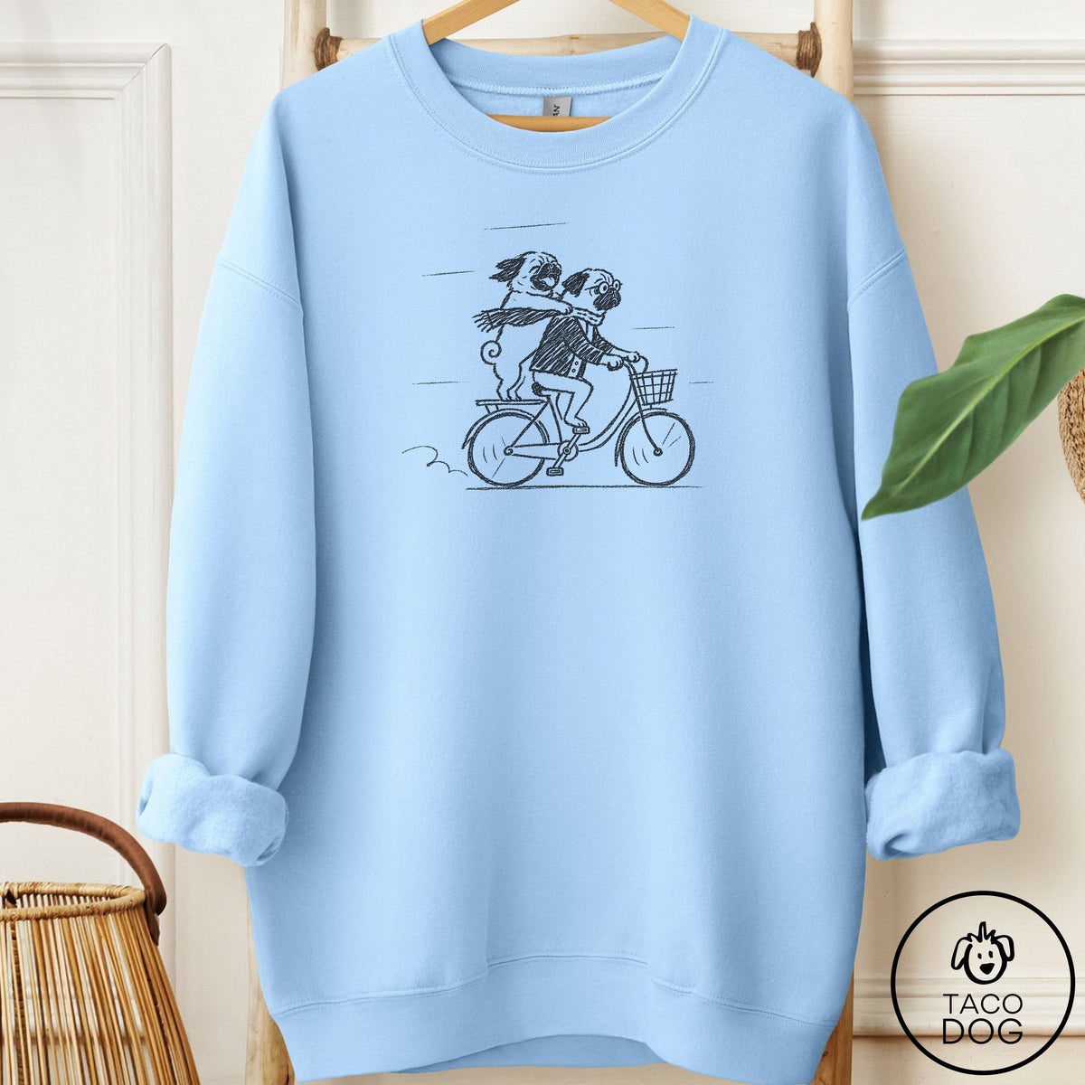 Pug Carpool Sweatshirt Light Blue Taco-Dog