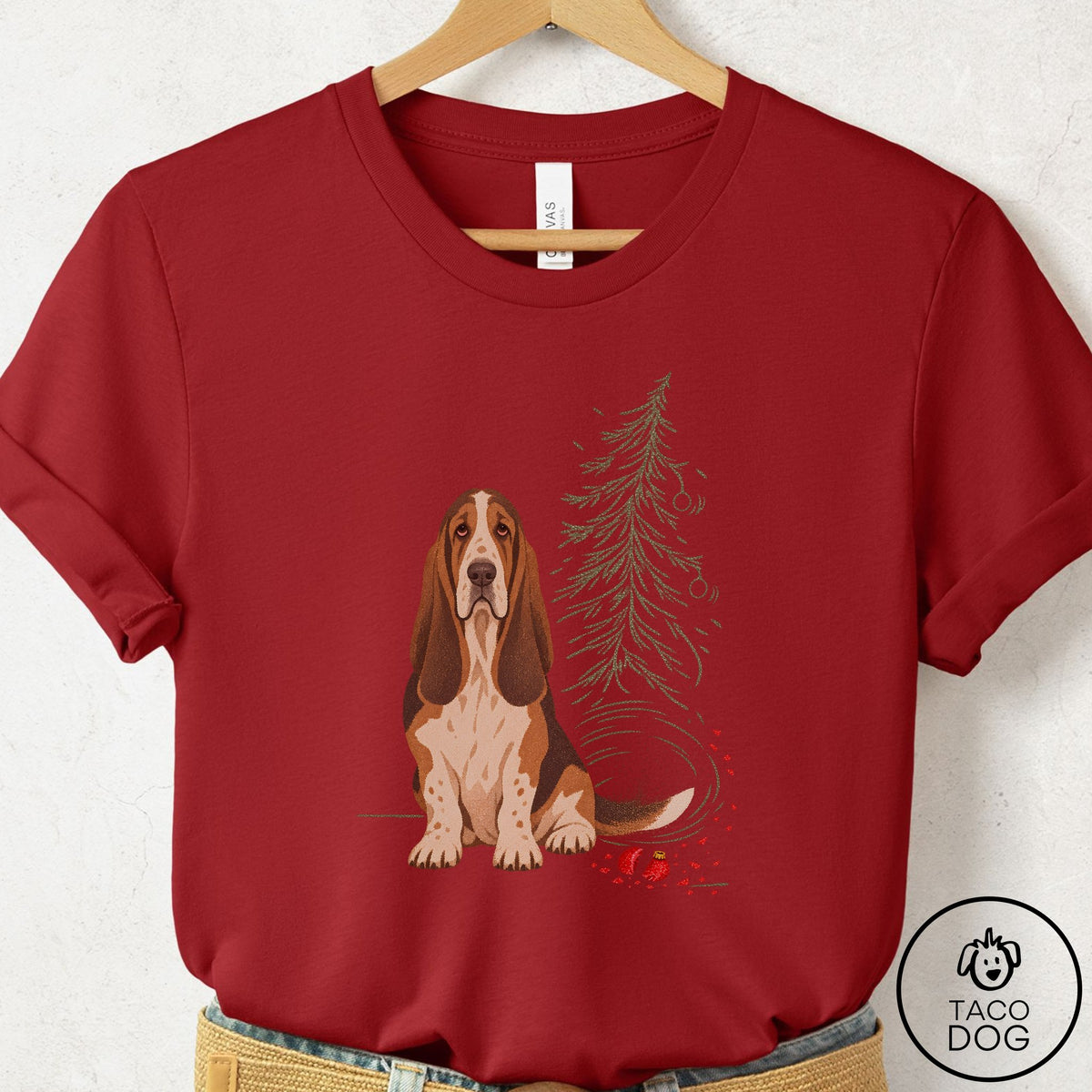 Basset Hound Christmas Joy T-Shirt Canvas Red Taco-Dog