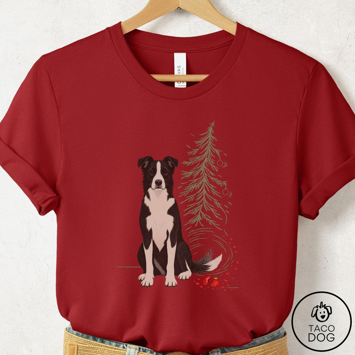 Border Collie Christmas Joy T-Shirt Canvas Red Taco-Dog