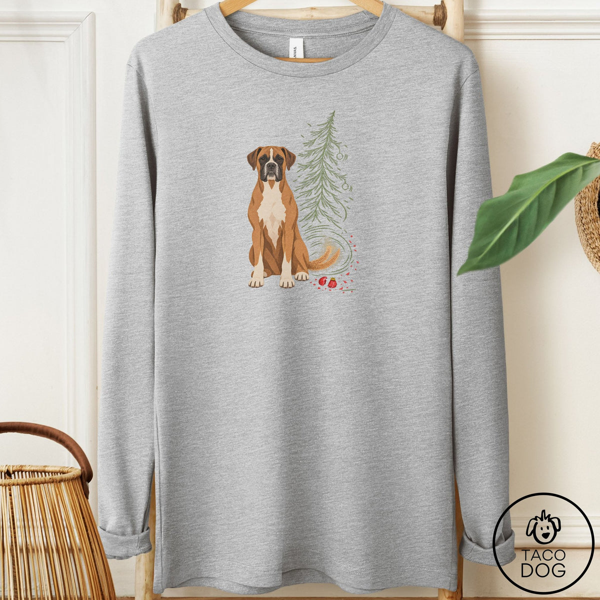 Boxer Christmas Joy Long Sleeve Tee Athletic Heather Taco-Dog