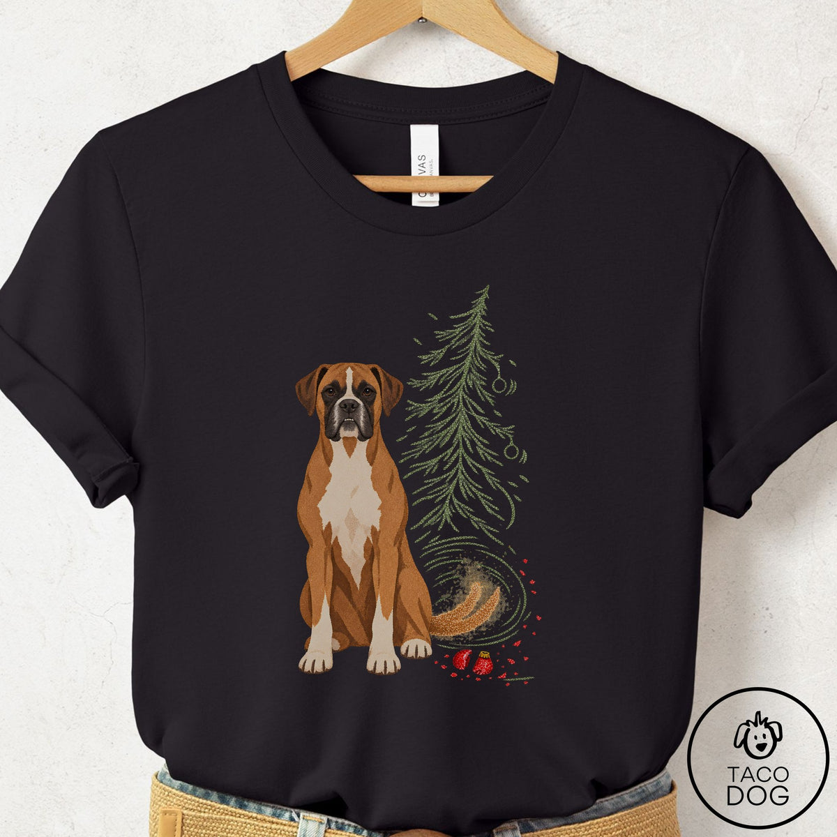 Boxer Christmas Joy T-Shirt Black Taco-Dog