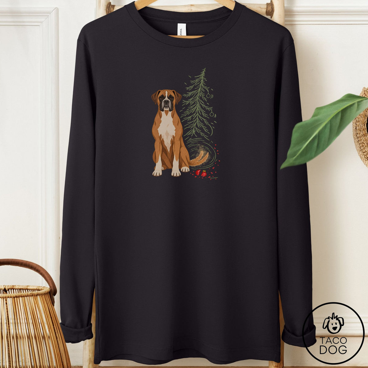 Boxer Christmas Joy Long Sleeve Tee Black Taco-Dog