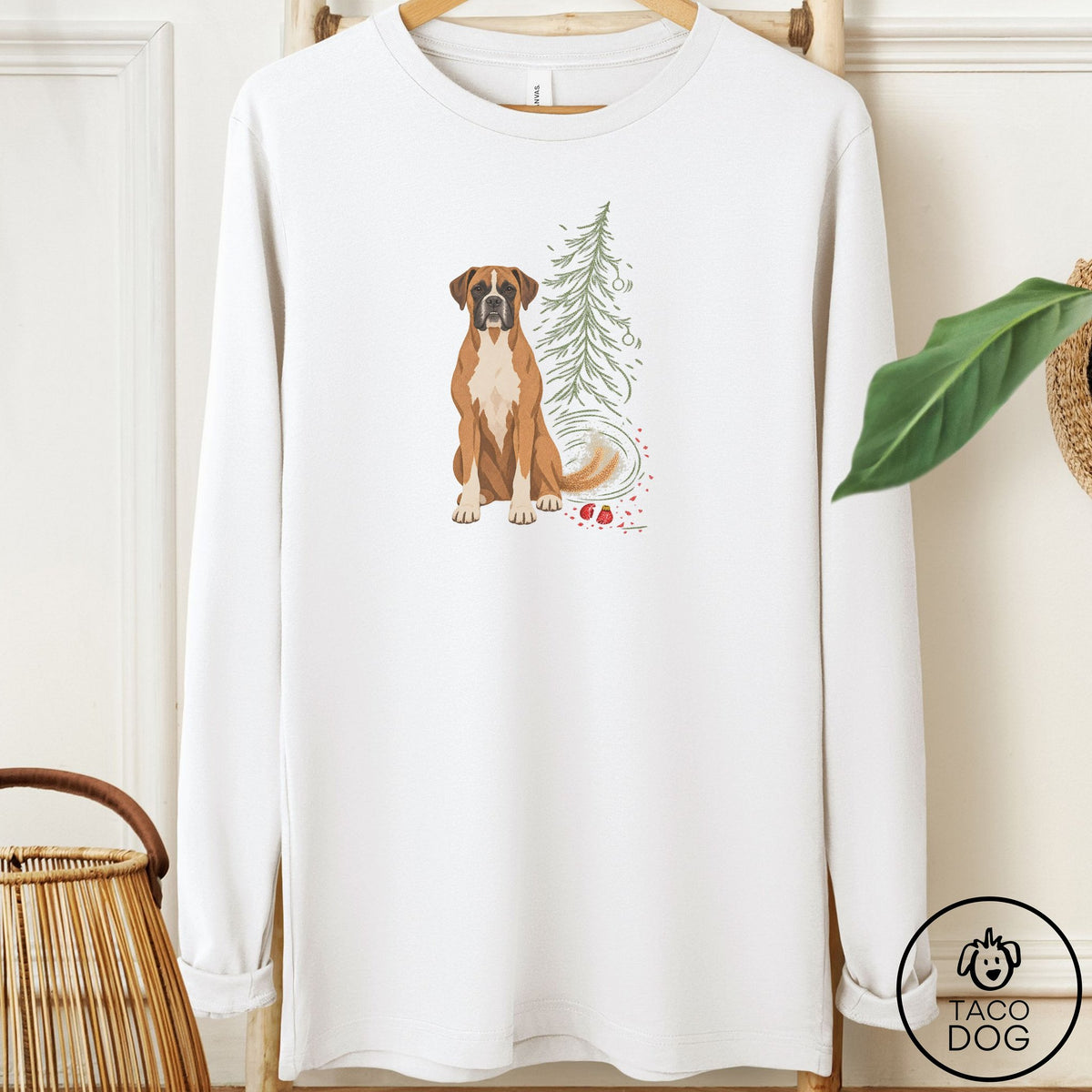 Boxer Christmas Joy Long Sleeve Tee White Taco-Dog