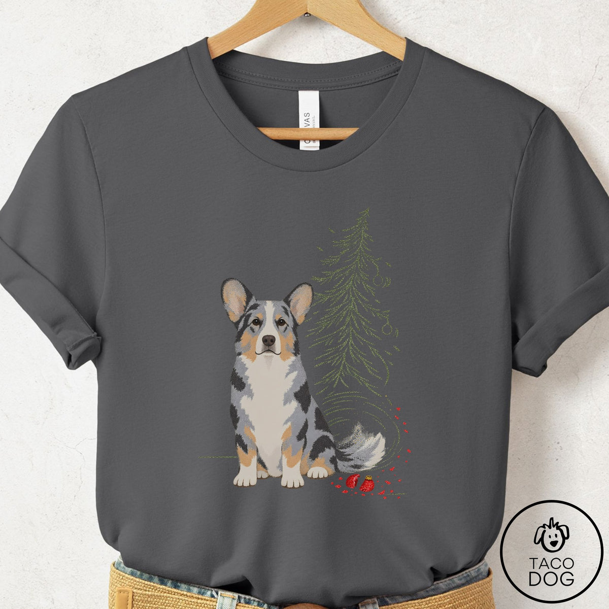Cardigan Welsh Corgi Christmas Joy T-Shirt Asphalt Taco-Dog