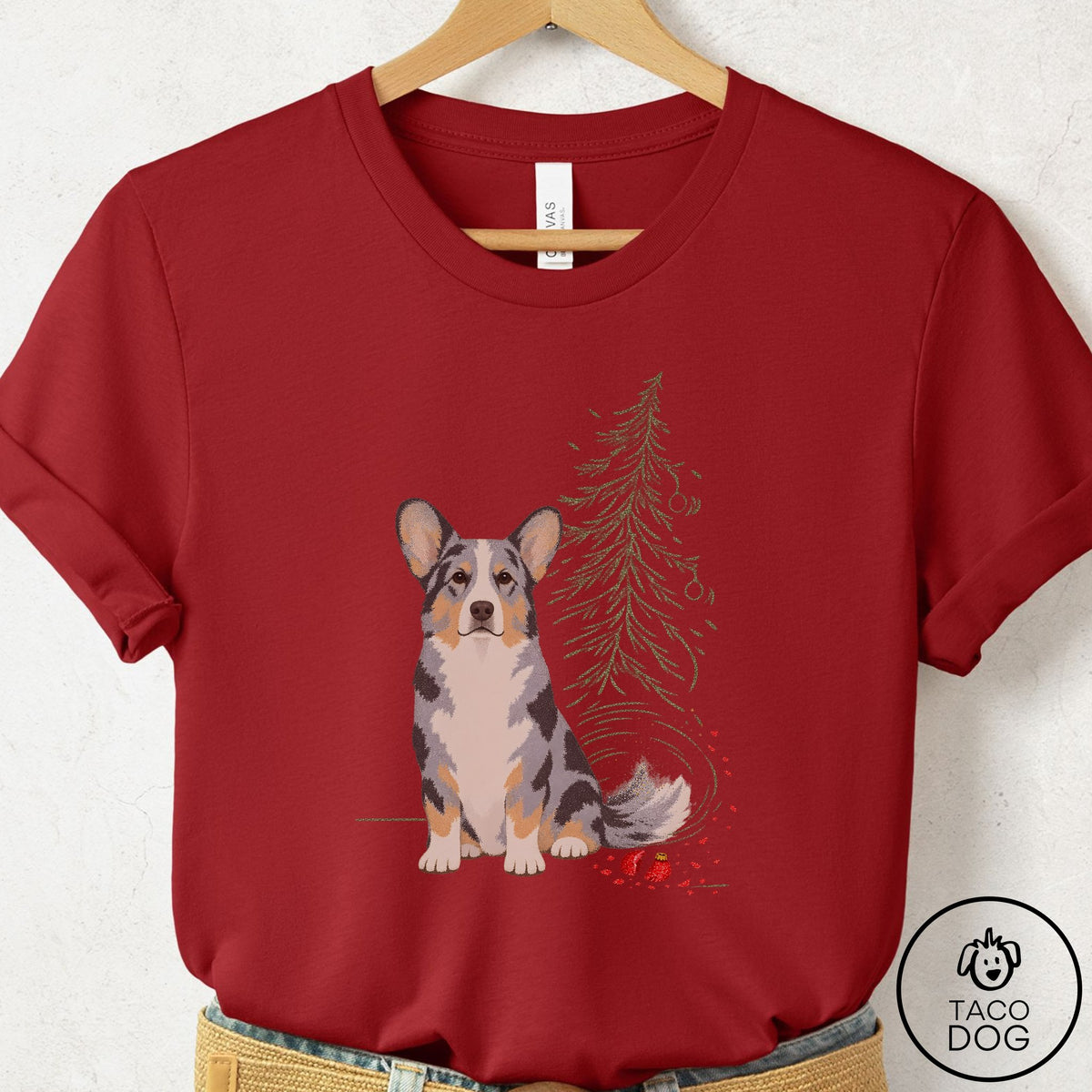 Cardigan Welsh Corgi Christmas Joy T-Shirt Canvas Red Taco-Dog